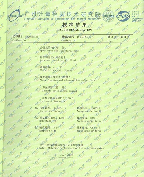 高溫型可燃?xì)怏w檢測(cè)儀校準(zhǔn)報(bào)告